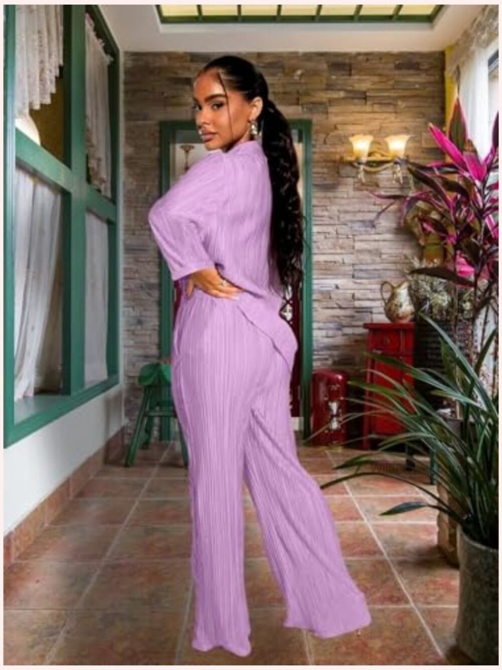 Casual Pleated 2 Piece Outfit Short Sleeve Button Down Shirt Wide Leg Pants Set - Picture 2 of 7